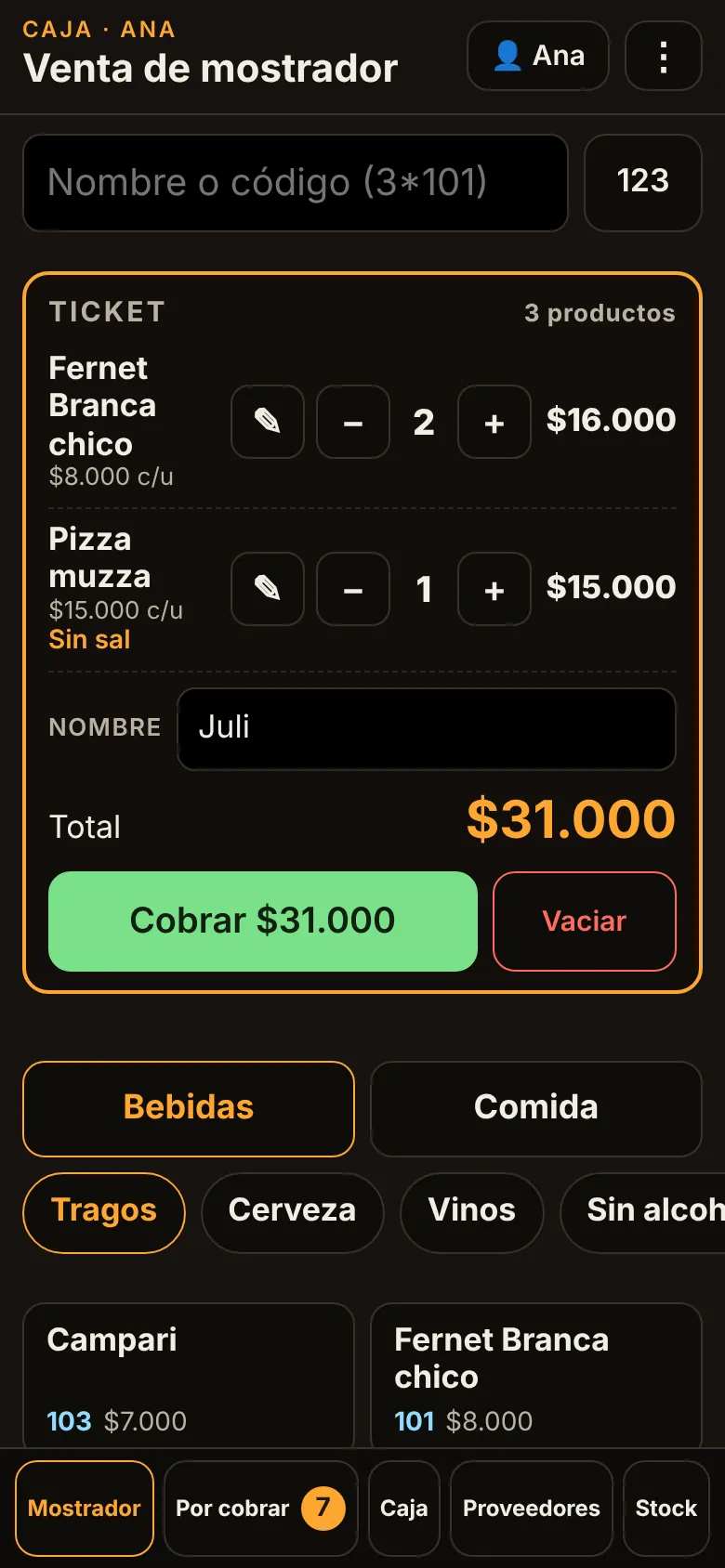 Venta de mostrador en la caja, con los botones de Bebidas y Comida