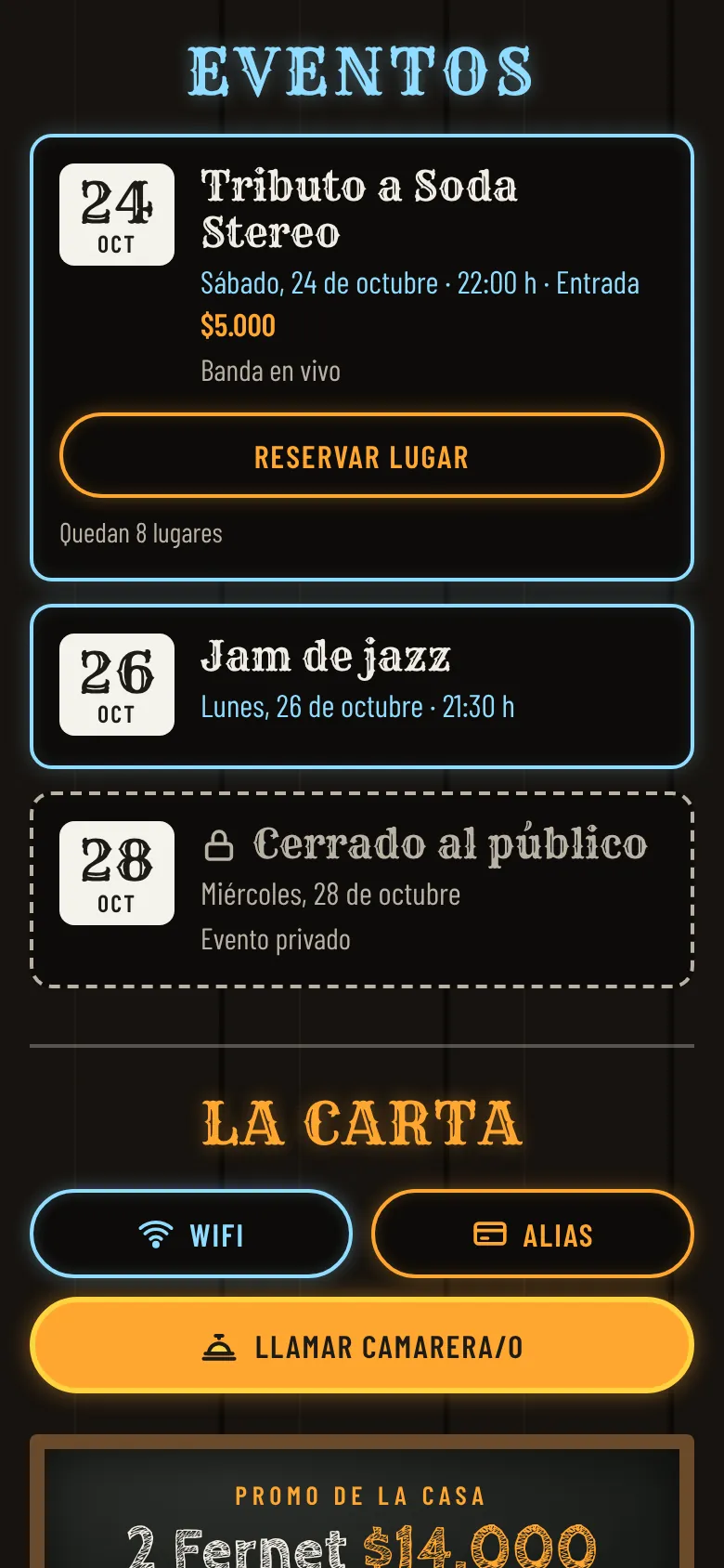 Los próximos eventos en la carta, con el botón Reservar lugar